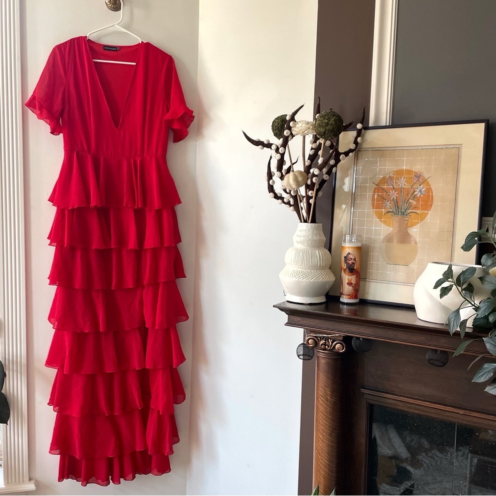 PrettyLittleThing Red Chiffon Ruffle Layer Maxi Dress | Size 6 - Picture 2 of 10